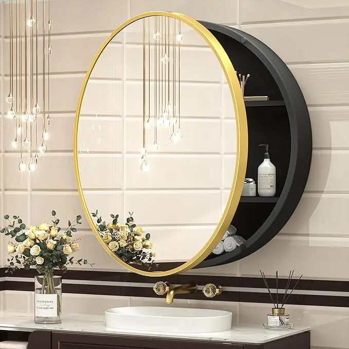 Round Bathroom Medicine Cabinet with Mirror – Metal Framed, Circular Farmhouse Design – Surface Mount Only – Small Wall-Mounted Vanity Mirror for Bathroom Storage & Stylish Décor