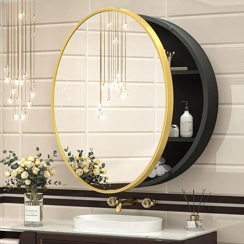Round Bathroom Medicine Cabinet with Mirror – Metal Framed, Circular Farmhouse Design – Surface Mount Only – Small Wall-Mounted Vanity Mirror for Bathroom Storage & Stylish Décor