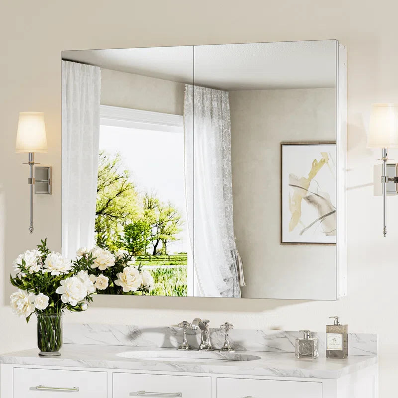 Sleek Medicine Cabinet Mirror with Storage – Aluminum, Tempered Glass, Adjustable Shelves, Surface Mount/Recessed – Modern Farmhouse Style for Bathroom Vanity, Bedroom, and More