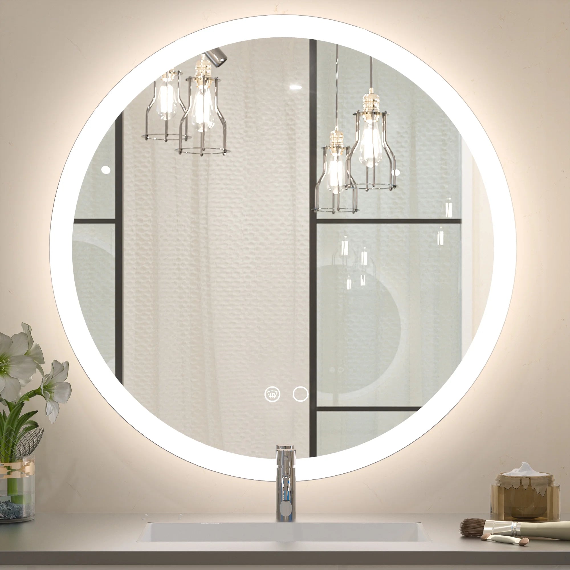 LED Round Mirror with Front Lights, 3 Color Options, CRI 90+ – Dimmable Wall-Mounted Vanity Mirror for Bathroom, Living Room, or Bedroom – Frontlit Illuminated Modern Design