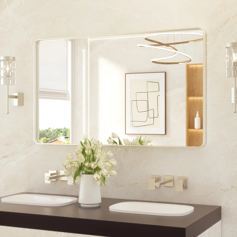 Framed Bathroom Wall Mirror with Non-Rusting Aluminum Alloy in Brushed Metal Finish – Stylish Modern Farmhouse Design for Bedroom, Living Room, or Bathroom