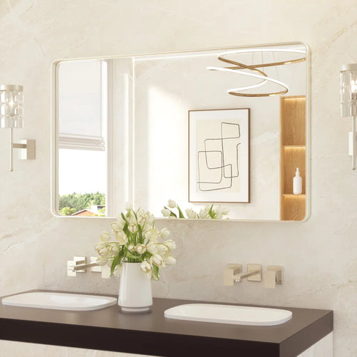 Framed Bathroom Wall Mirror with Non-Rusting Aluminum Alloy in Brushed Metal Finish – Stylish Modern Farmhouse Design for Bedroom, Living Room, or Bathroom