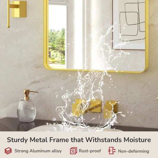 Framed Bathroom Wall Mirror with Non-Rusting Aluminum Alloy in Brushed Metal Finish – Stylish Modern Farmhouse Design for Bedroom, Living Room, or Bathroom