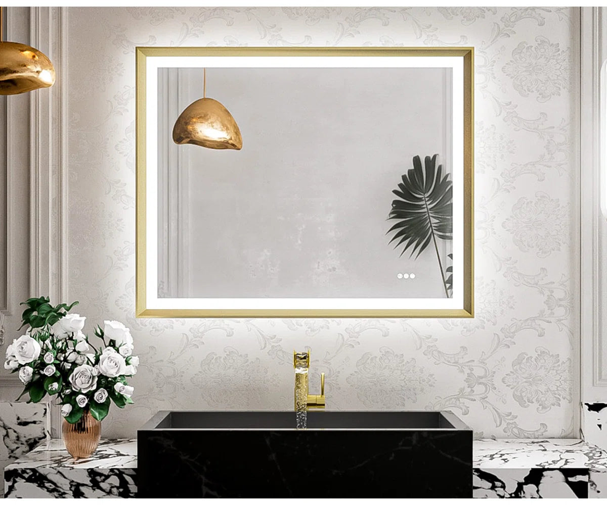 LED Bathroom Vanity Mirror with Frame – Front & Backlit, Aluminum Rectangle, Beveled Edge, 3-Color Stepless Dimmable, Anti-Fog, Memory Function, Wall-Mounted Lighted Mirror
