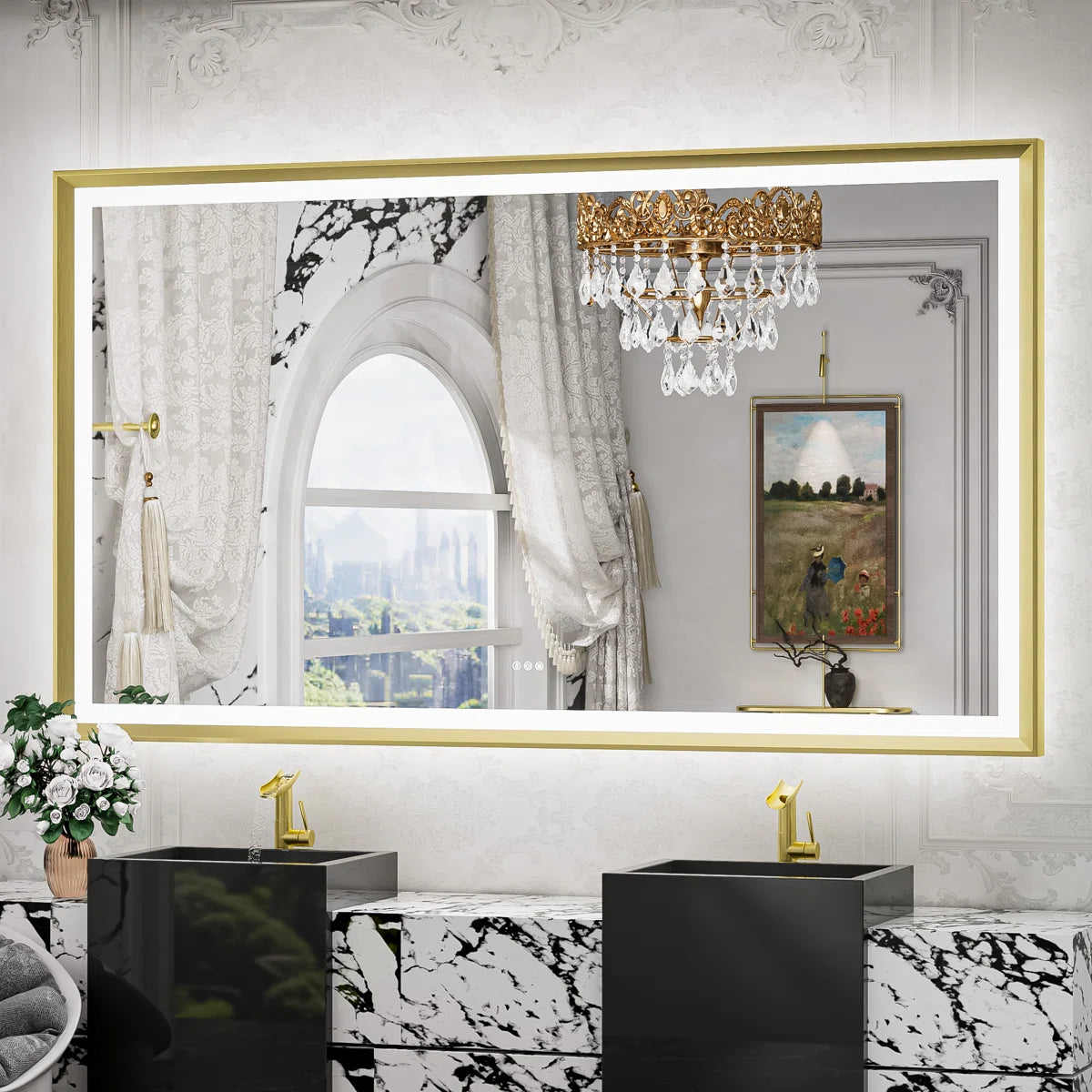 LED Bathroom Vanity Mirror with Frame – Front & Backlit, Aluminum Rectangle, Beveled Edge, 3-Color Stepless Dimmable, Anti-Fog, Memory Function, Wall-Mounted Lighted Mirror