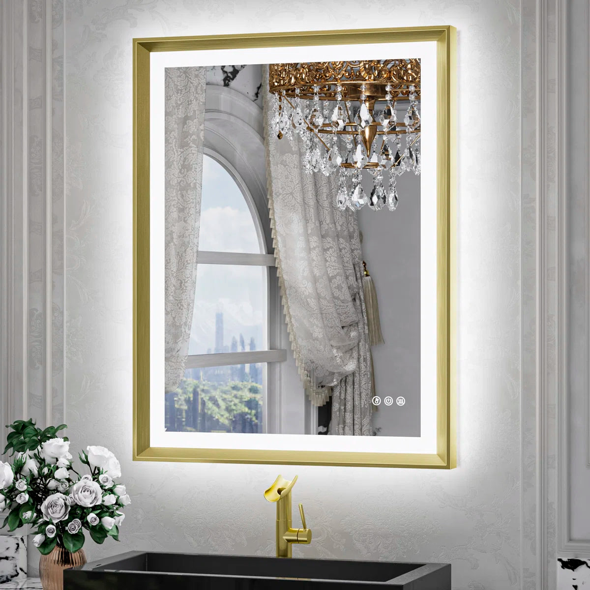 LED Bathroom Vanity Mirror with Frame – Front & Backlit, Aluminum Rectangle, Beveled Edge, 3-Color Stepless Dimmable, Anti-Fog, Memory Function, Wall-Mounted Lighted Mirror