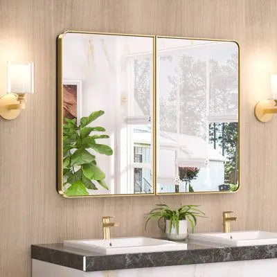Bathroom Vanity Medicine Cabinet with Mirror – Small Brushed Brass, Stainless Steel Frame, Rounded Rectangle, Adjustable Shelves, Recessed or Surface Mount for Modern Storage