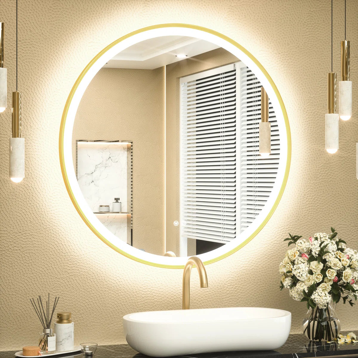 Round LED Mirror with Lights – Metal-Framed Circle Vanity Mirror, Dual Front & Backlit, 3-Color Stepless Dimmable, Anti-Fog, CRI 90+, Shatterproof Glass, Wall-Mounted for Stylish Décor