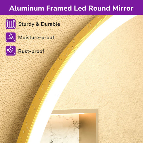 Round LED Mirror with Lights – Metal-Framed Circle Vanity Mirror, Dual Front & Backlit, 3-Color Stepless Dimmable, Anti-Fog, CRI 90+, Shatterproof Glass, Wall-Mounted for Stylish Décor