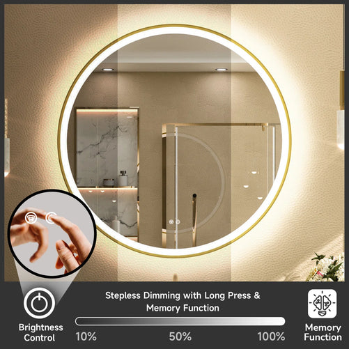 Round LED Mirror with Lights – Metal-Framed Circle Vanity Mirror, Dual Front & Backlit, 3-Color Stepless Dimmable, Anti-Fog, CRI 90+, Shatterproof Glass, Wall-Mounted for Stylish Décor