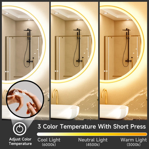 Round LED Mirror with Lights – Metal-Framed Circle Vanity Mirror, Dual Front & Backlit, 3-Color Stepless Dimmable, Anti-Fog, CRI 90+, Shatterproof Glass, Wall-Mounted for Stylish Décor