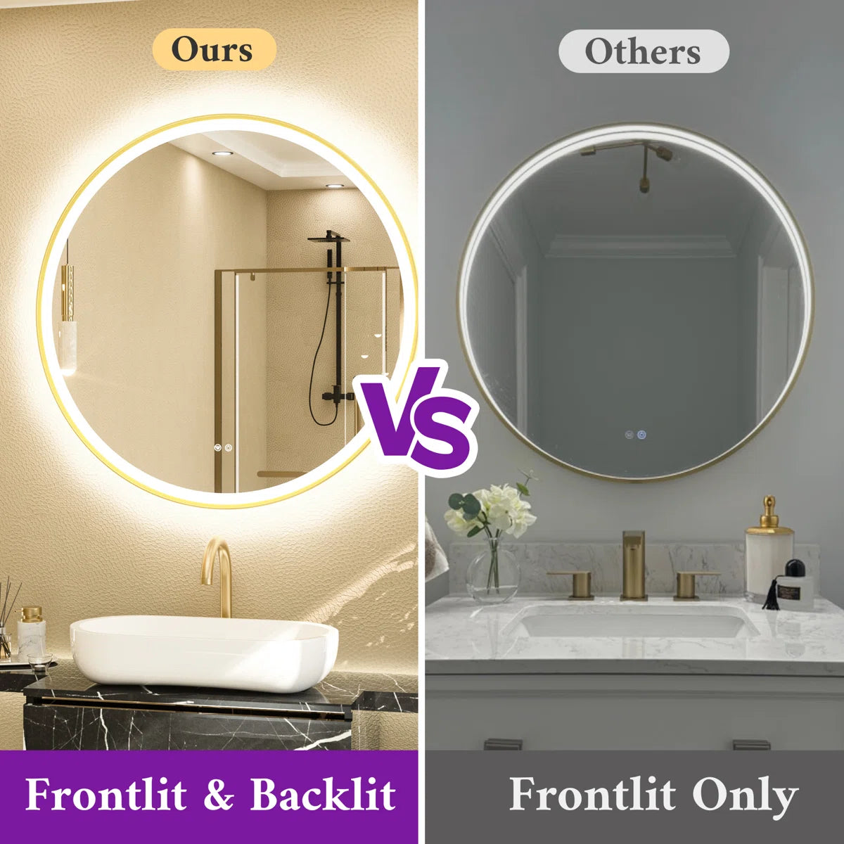 Round LED Mirror with Lights – Metal-Framed Circle Vanity Mirror, Dual Front & Backlit, 3-Color Stepless Dimmable, Anti-Fog, CRI 90+, Shatterproof Glass, Wall-Mounted for Stylish Décor