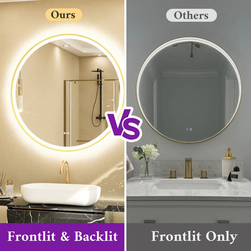 Round LED Mirror with Lights – Metal-Framed Circle Vanity Mirror, Dual Front & Backlit, 3-Color Stepless Dimmable, Anti-Fog, CRI 90+, Shatterproof Glass, Wall-Mounted for Stylish Décor