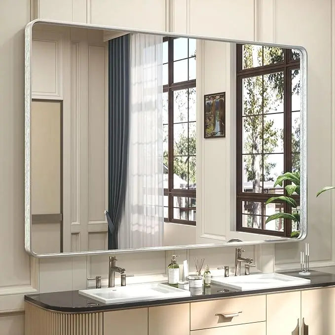 Framed Bathroom Wall Mirror with Non-Rusting Aluminum Alloy in Brushed Metal Finish – Stylish Modern Farmhouse Design for Bedroom, Living Room, or Bathroom