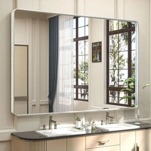 Framed Bathroom Wall Mirror with Non-Rusting Aluminum Alloy in Brushed Metal Finish – Stylish Modern Farmhouse Design for Bedroom, Living Room, or Bathroom