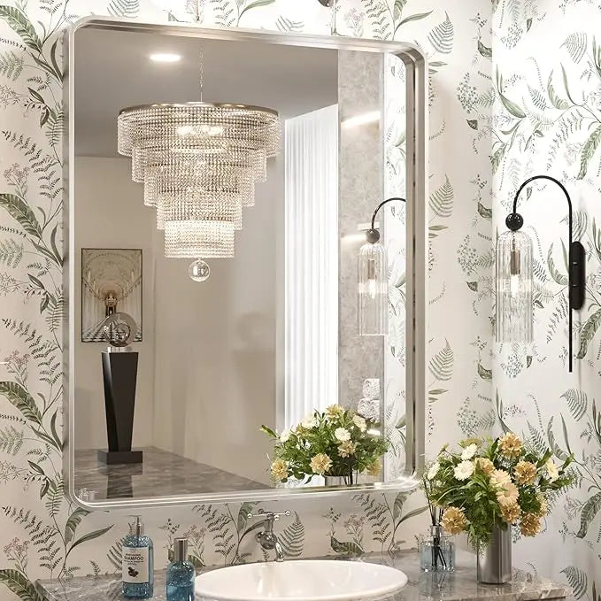 Framed Bathroom Wall Mirror with Non-Rusting Aluminum Alloy in Brushed Metal Finish – Stylish Modern Farmhouse Design for Bedroom, Living Room, or Bathroom