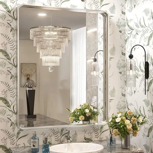 Framed Bathroom Wall Mirror with Non-Rusting Aluminum Alloy in Brushed Metal Finish – Stylish Modern Farmhouse Design for Bedroom, Living Room, or Bathroom