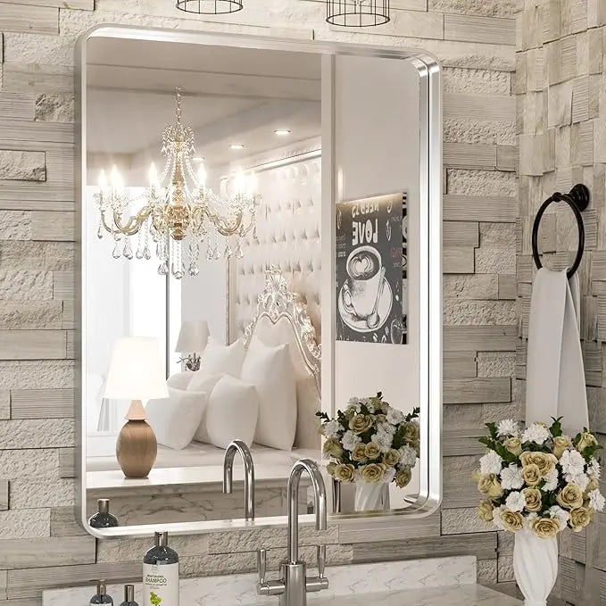 Framed Bathroom Wall Mirror with Non-Rusting Aluminum Alloy in Brushed Metal Finish – Stylish Modern Farmhouse Design for Bedroom, Living Room, or Bathroom