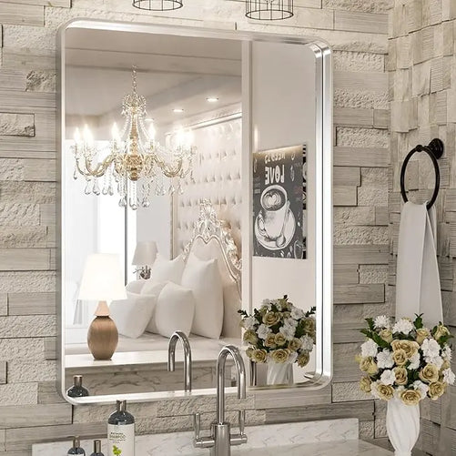 Framed Bathroom Wall Mirror with Non-Rusting Aluminum Alloy in Brushed Metal Finish – Stylish Modern Farmhouse Design for Bedroom, Living Room, or Bathroom