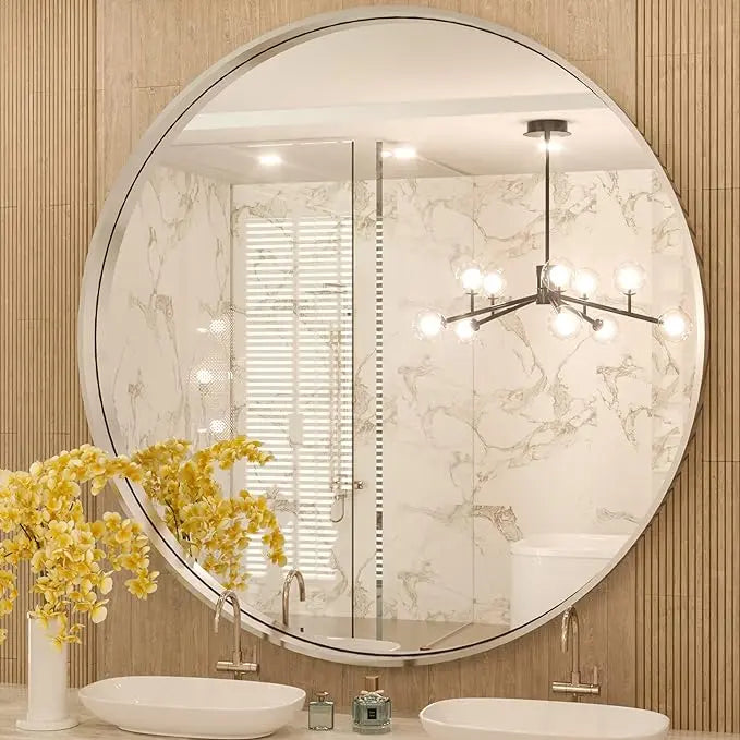 Modern Round Bathroom Wall Mirror – Sleek Minimalist Design with Brushed Matte Aluminum Alloy Frame, Non-Rusting, Perfect for Vanity, Bedroom, or Entryway Home Décor