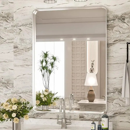 Framed Bathroom Wall Mirror with Non-Rusting Aluminum Alloy in Brushed Metal Finish – Stylish Modern Farmhouse Design for Bedroom, Living Room, or Bathroom