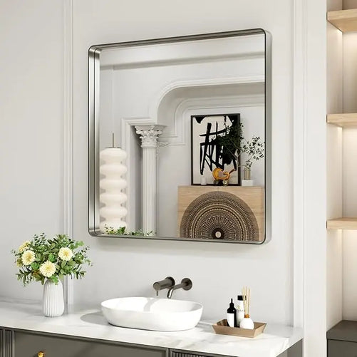 Framed Bathroom Wall Mirror with Non-Rusting Aluminum Alloy in Brushed Metal Finish – Stylish Modern Farmhouse Design for Bedroom, Living Room, or Bathroom
