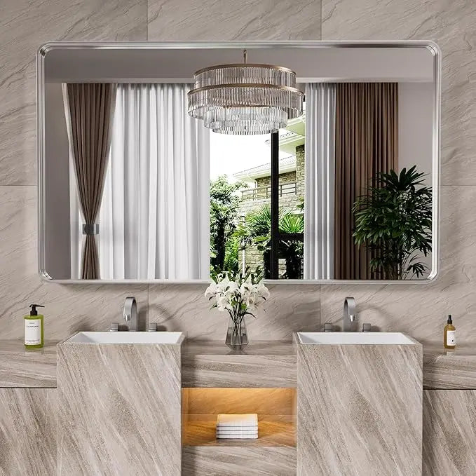 Framed Bathroom Wall Mirror with Non-Rusting Aluminum Alloy in Brushed Metal Finish – Stylish Modern Farmhouse Design for Bedroom, Living Room, or Bathroom