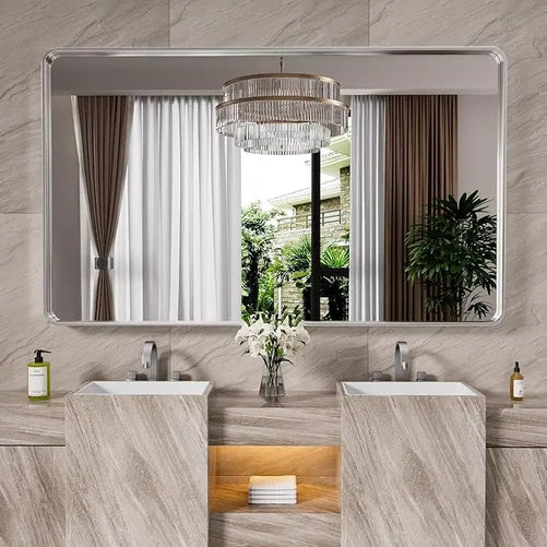 Framed Bathroom Wall Mirror with Non-Rusting Aluminum Alloy in Brushed Metal Finish – Stylish Modern Farmhouse Design for Bedroom, Living Room, or Bathroom
