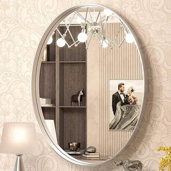 Modern Bathroom Oval Mirror with Non-Rusting Aluminum Frame – Wall-Mounted Vanity Mirror for Farmhouse or Minimalist Décor, Suitable for Vertical or Horizontal Installation
