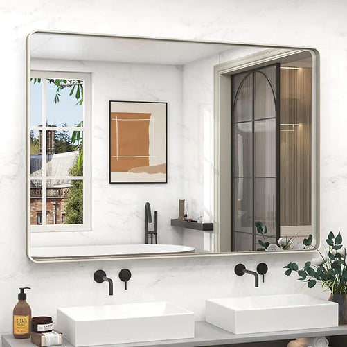 Aluminum Framed Bathroom Vanity Mirror – HD Tempered Glass Wall-Mounted Design, Ideal for Over-the-Sink Use, Supports Horizontal/Vertical Installation for Modern Décor