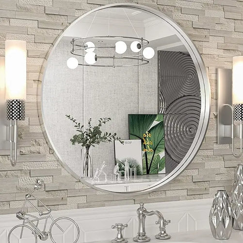Modern Round Bathroom Wall Mirror – Sleek Minimalist Design with Brushed Matte Aluminum Alloy Frame, Non-Rusting, Perfect for Vanity, Bedroom, or Entryway Home Décor