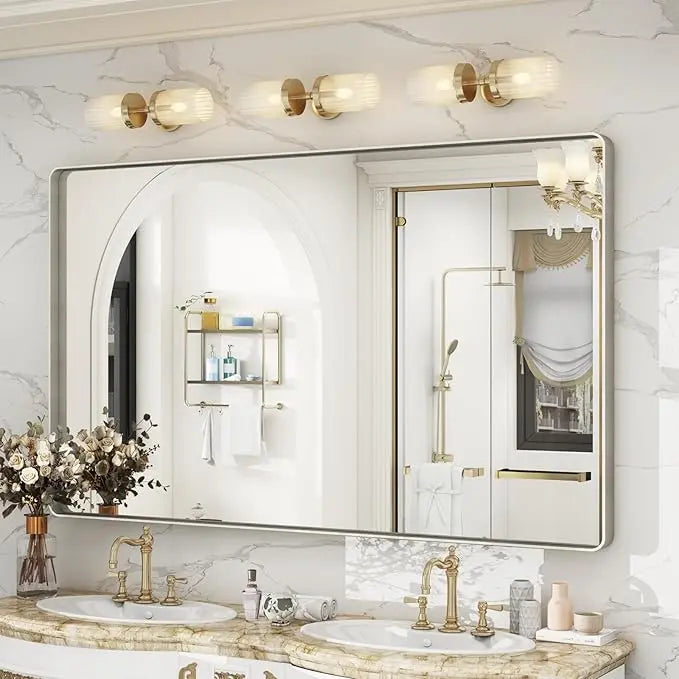 Framed Bathroom Wall Mirror with Non-Rusting Aluminum Alloy in Brushed Metal Finish – Stylish Modern Farmhouse Design for Bedroom, Living Room, or Bathroom