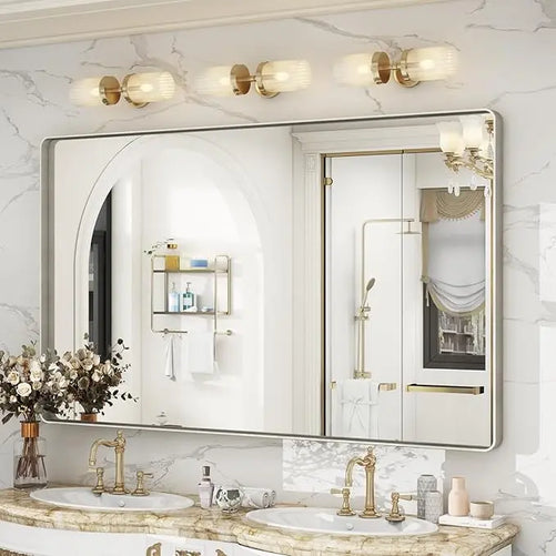 Framed Bathroom Wall Mirror with Non-Rusting Aluminum Alloy in Brushed Metal Finish – Stylish Modern Farmhouse Design for Bedroom, Living Room, or Bathroom