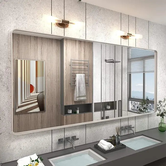 Aluminum Framed Bathroom Vanity Mirror – HD Tempered Glass Wall-Mounted Design, Ideal for Over-the-Sink Use, Supports Horizontal/Vertical Installation for Modern Décor