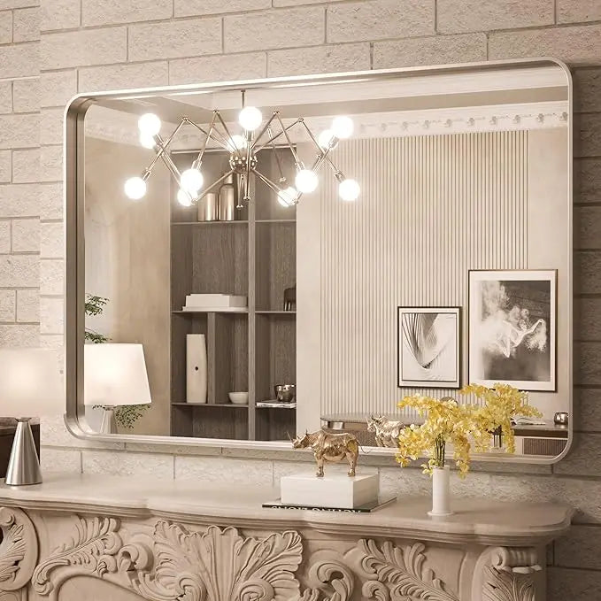 Framed Bathroom Wall Mirror with Non-Rusting Aluminum Alloy in Brushed Metal Finish – Stylish Modern Farmhouse Design for Bedroom, Living Room, or Bathroom