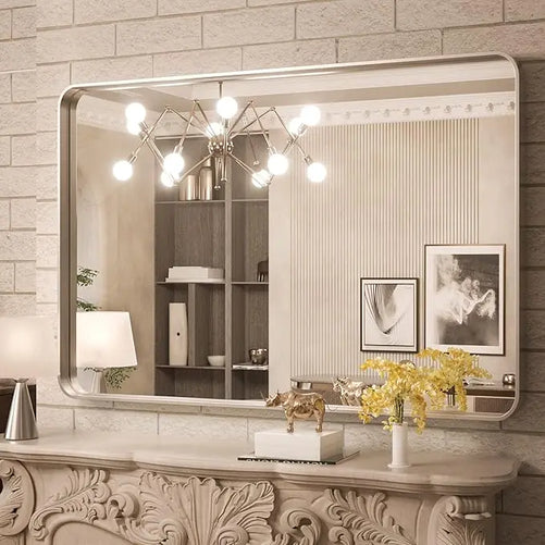 Framed Bathroom Wall Mirror with Non-Rusting Aluminum Alloy in Brushed Metal Finish – Stylish Modern Farmhouse Design for Bedroom, Living Room, or Bathroom