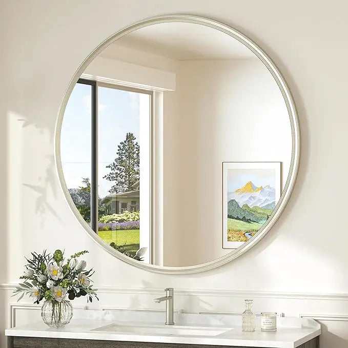 Round Framed Bathroom Mirror – Modern Shatterproof Circle Wall Mirror for Vanity, Ideal for Farmhouse Bathrooms, Bedrooms, Entryways, Living Rooms, Stylish Accent for Any Interior