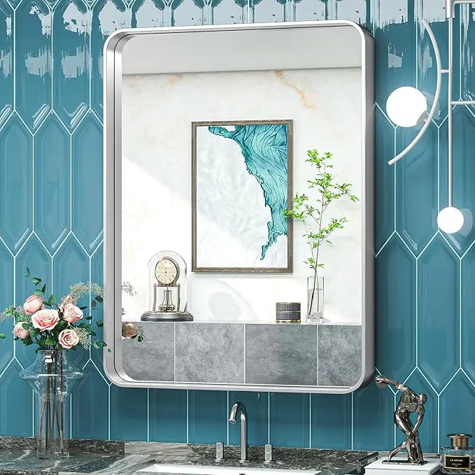 Framed Bathroom Wall Mirror with Non-Rusting Aluminum Alloy in Brushed Metal Finish – Stylish Modern Farmhouse Design for Bedroom, Living Room, or Bathroom