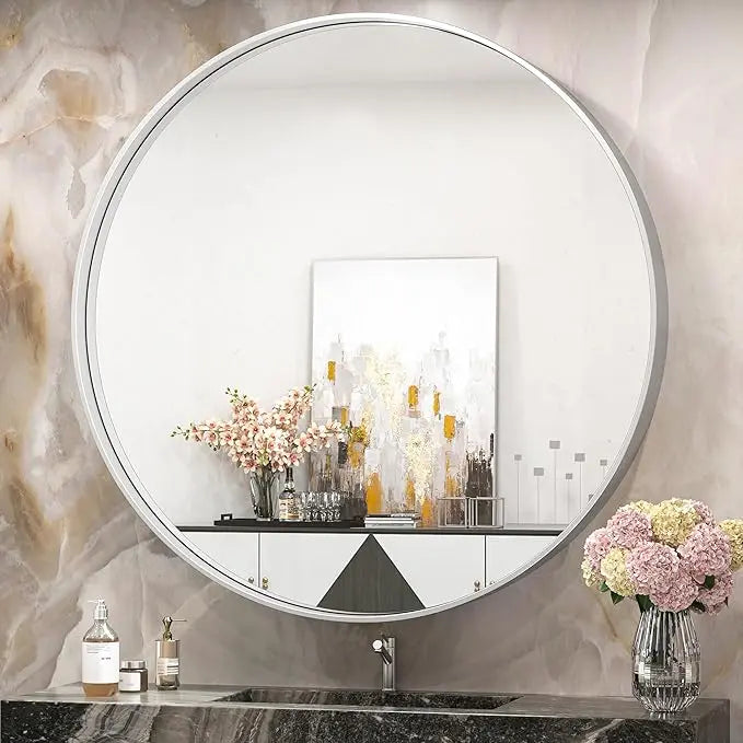 Modern Round Bathroom Wall Mirror – Sleek Minimalist Design with Brushed Matte Aluminum Alloy Frame, Non-Rusting, Perfect for Vanity, Bedroom, or Entryway Home Décor