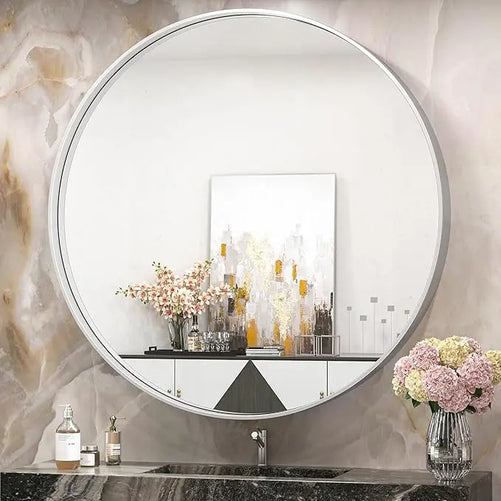 Modern Round Bathroom Wall Mirror – Sleek Minimalist Design with Brushed Matte Aluminum Alloy Frame, Non-Rusting, Perfect for Vanity, Bedroom, or Entryway Home Décor