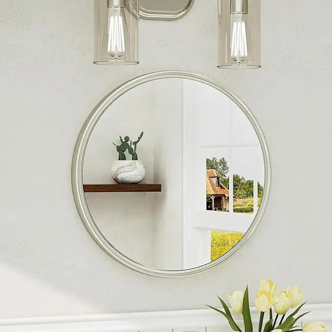 Round Framed Bathroom Mirror – Modern Shatterproof Circle Wall Mirror for Vanity, Ideal for Farmhouse Bathrooms, Bedrooms, Entryways, Living Rooms, Stylish Accent for Any Interior