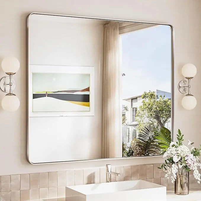 Framed Bathroom Wall Mirror with Non-Rusting Aluminum Alloy in Brushed Metal Finish – Stylish Modern Farmhouse Design for Bedroom, Living Room, or Bathroom