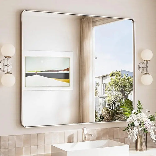 Framed Bathroom Wall Mirror with Non-Rusting Aluminum Alloy in Brushed Metal Finish – Stylish Modern Farmhouse Design for Bedroom, Living Room, or Bathroom