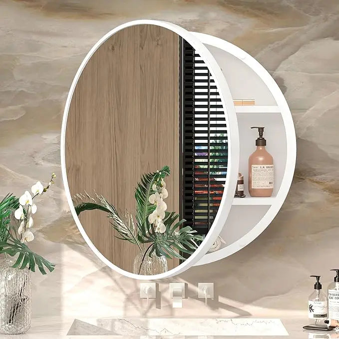 Round Bathroom Medicine Cabinet with Mirror – Metal Framed, Circular Farmhouse Design – Surface Mount Only – Small Wall-Mounted Vanity Mirror for Bathroom Storage & Stylish Décor