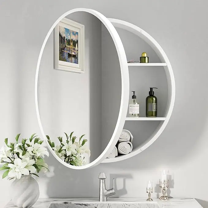 Round Bathroom Medicine Cabinet with Mirror – Metal Framed, Circular Farmhouse Design – Surface Mount Only – Small Wall-Mounted Vanity Mirror for Bathroom Storage & Stylish Décor