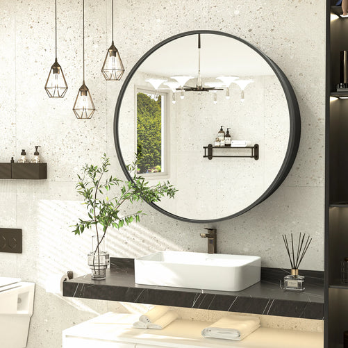 Round Bathroom Medicine Cabinet with Mirror – Metal Framed, Circular Farmhouse Design – Surface Mount Only – Small Wall-Mounted Vanity Mirror for Bathroom Storage & Stylish Décor