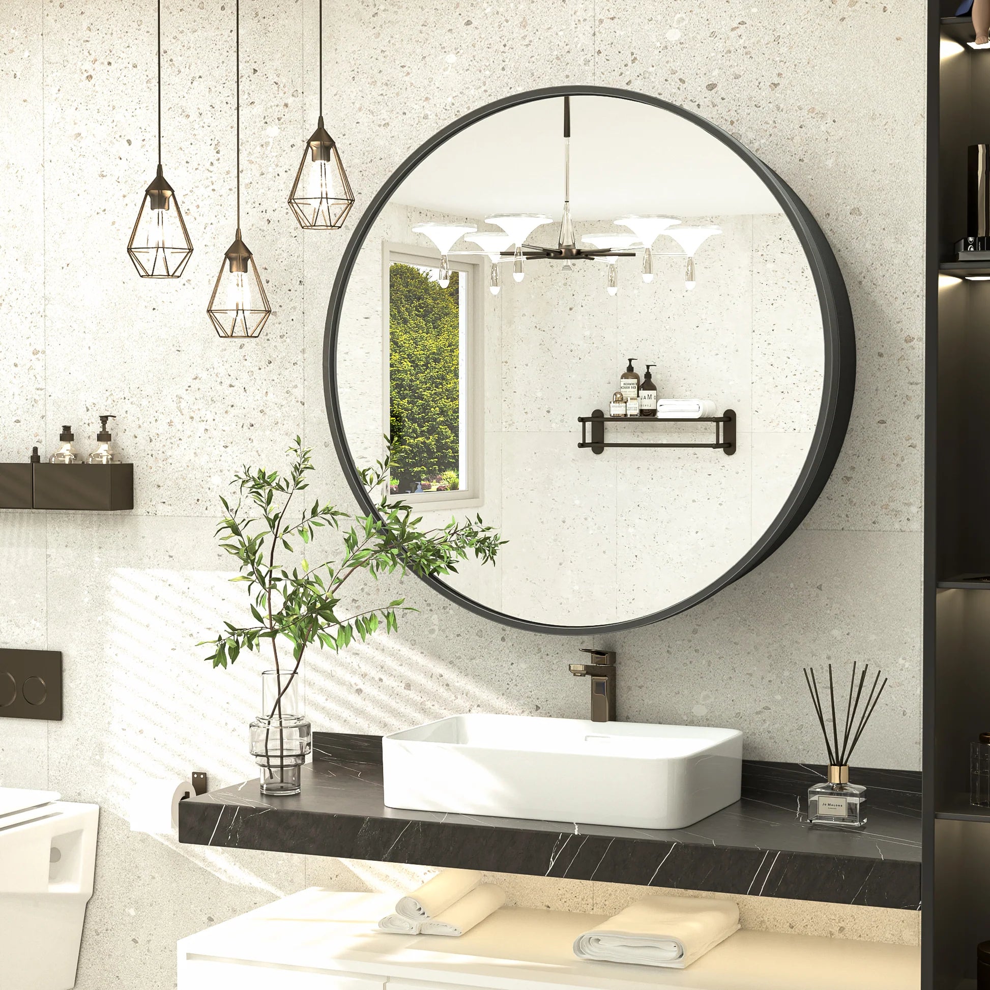 Round Bathroom Medicine Cabinet with Mirror – Metal Framed, Circular Farmhouse Design – Surface Mount Only – Small Wall-Mounted Vanity Mirror for Bathroom Storage & Stylish Décor