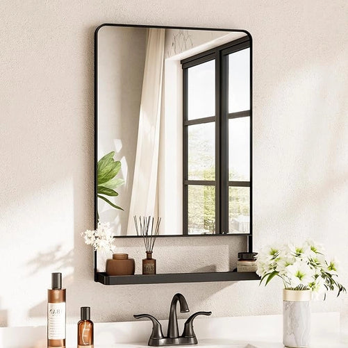 Metal Framed Vanity Mirror with Shelf – Rounded Rectangle Wall Mirror, Functional & Stylish for Bathroom, Farmhouse, Living Room, or Bedroom, Perfect Accent for Modern Home Décor