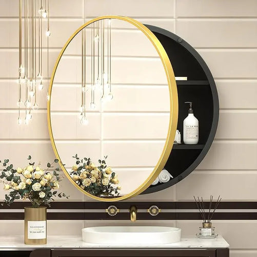 Round Bathroom Medicine Cabinet with Mirror – Metal Framed, Circular Farmhouse Design – Surface Mount Only – Small Wall-Mounted Vanity Mirror for Bathroom Storage & Stylish Décor