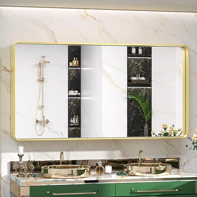 Framed Bathroom Wall Mirror with Non-Rusting Aluminum Alloy in Brushed Metal Finish – Stylish Modern Farmhouse Design for Bedroom, Living Room, or Bathroom